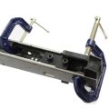 AK-Builder Rail Alignment Fixture, black steel, clamping lower rails in raw AK receiver, held by C-clamps.