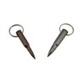 AK-Builder 7.62x39 grey and 5.45x39 bronze anodized aluminum keychain rounds side view.