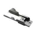 Angled view of AK-Builder steel rail alignment fixture with dark finish and clamping arm.