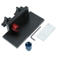 AK-Builder AK Trunnion Rivet Hole Drilling Fixture with red 7.62mm and blue 5.45mm mandrels.
