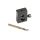 Angled view of dark heat-treated steel gas piston drilling jig, TiN drill bit.