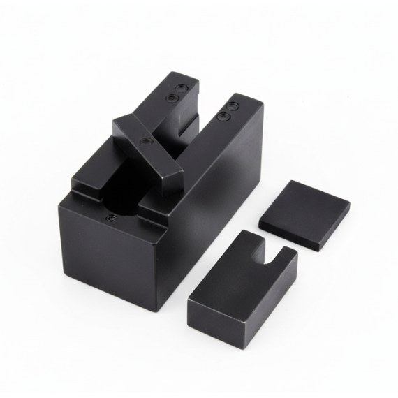 AK-Builder Trigger Guard Riveting Jig, black oxide finish, with detached components.